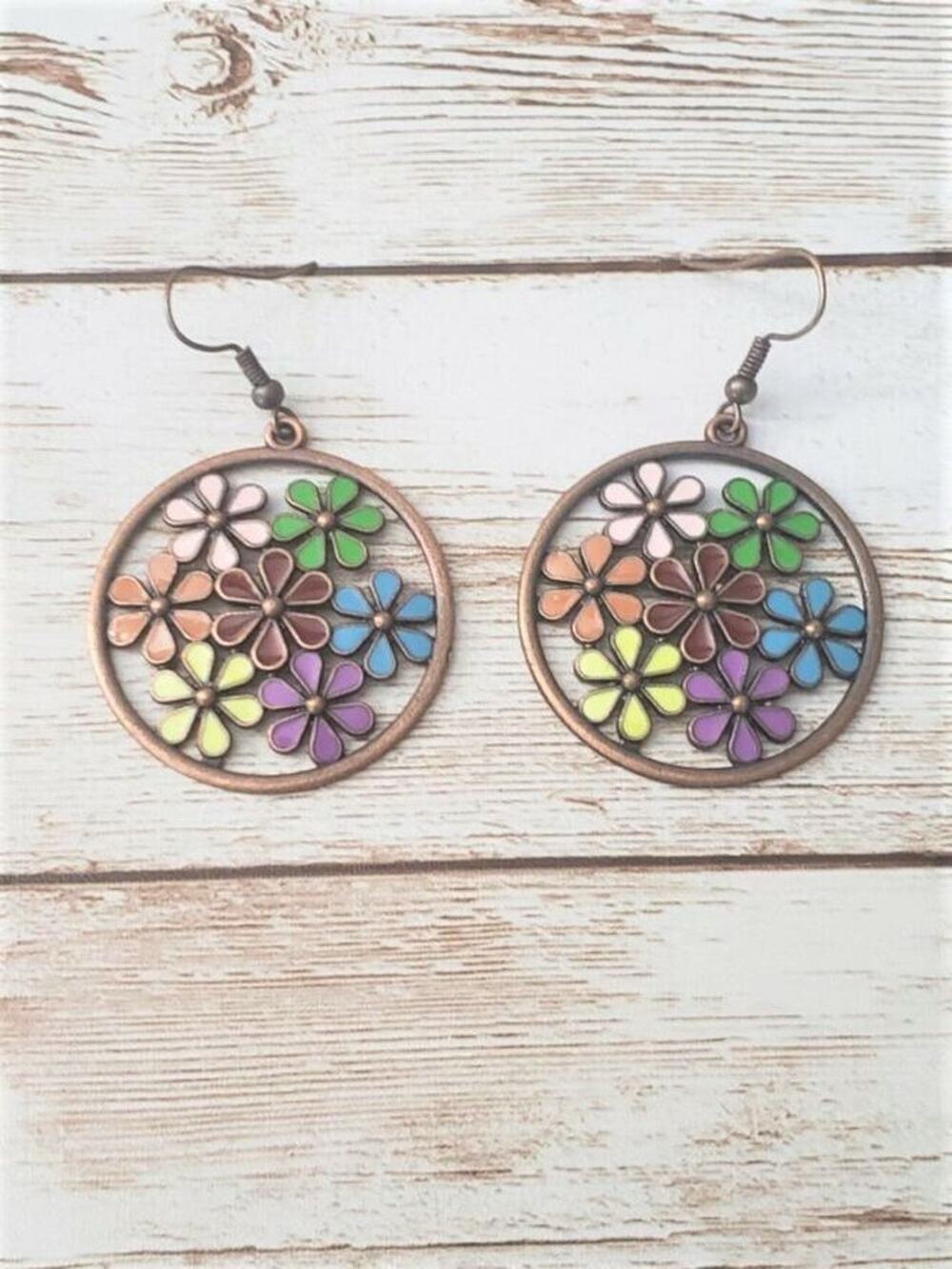 Beautiful Large Multi Color Flower Circle Earrings Statement - Brand New